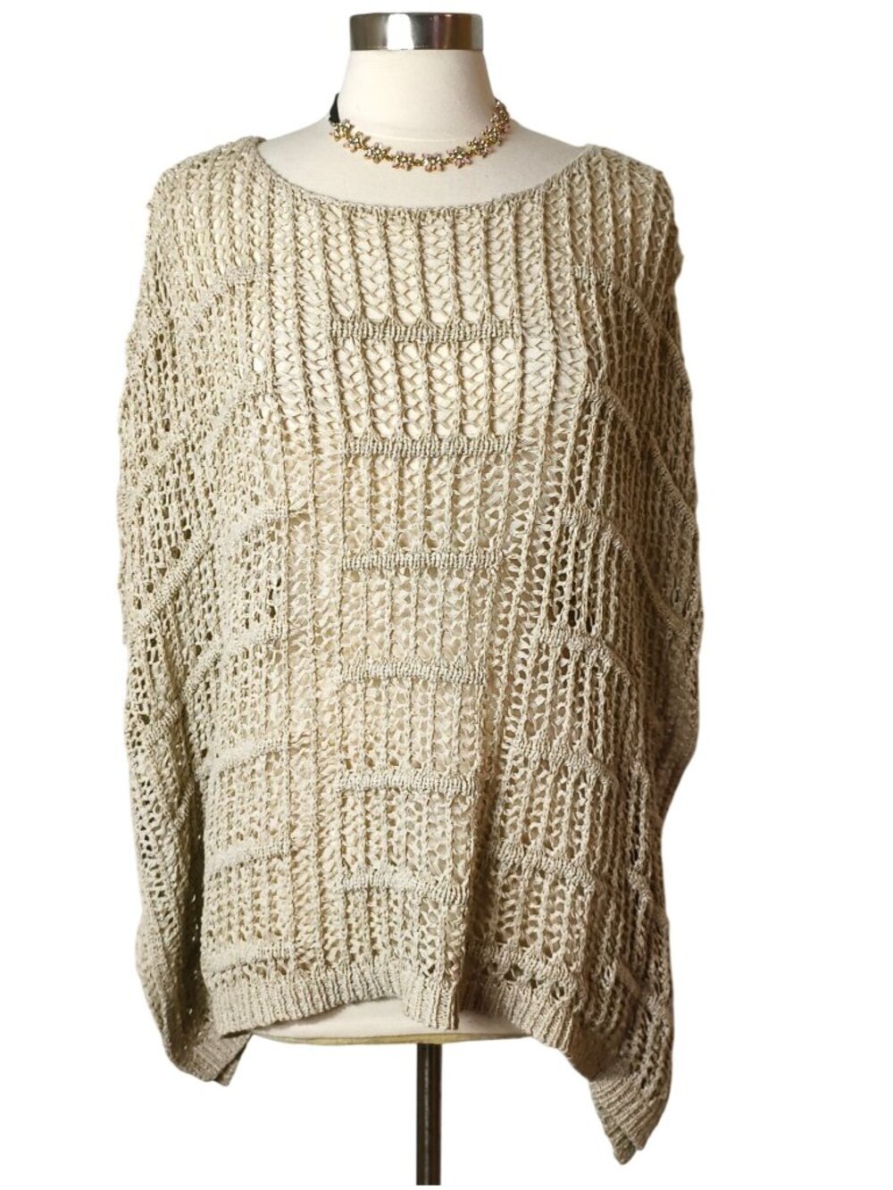 Chicos Womens XL Oversized Open-Knit Sweater Boho Beige Loose Fit Versatile Sz 3